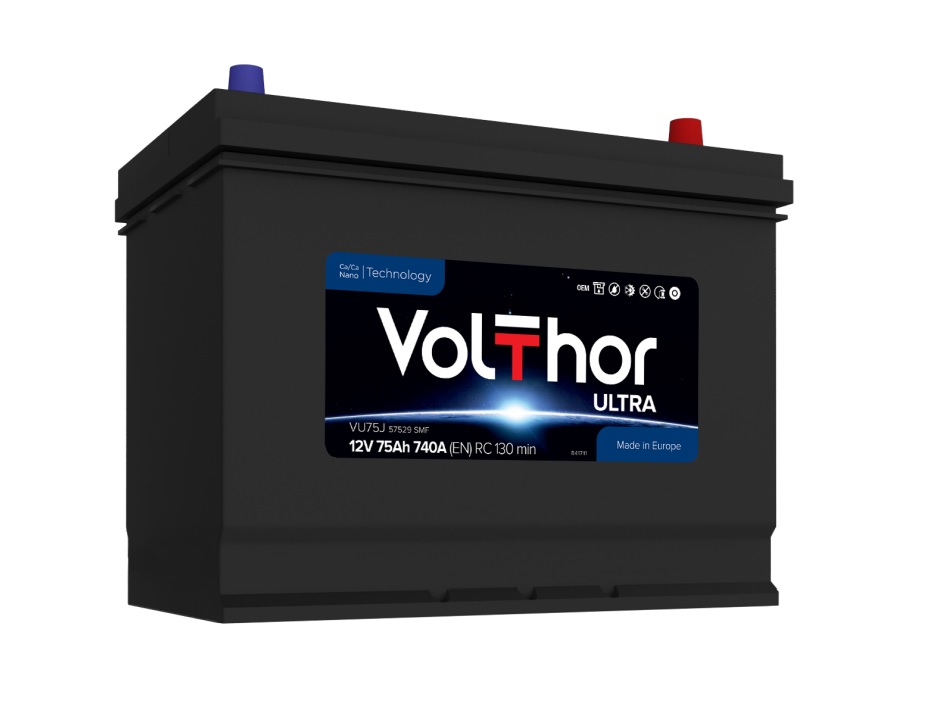 Акумулятор легковий VOLTHOR 6СТ-75(0) JIS (740А) ULTRA 12B, 75Ah, 740A, плюс праворуч (R+) кальцієвий (Ca/Ca) 259X173X200(220) мм (301275)
